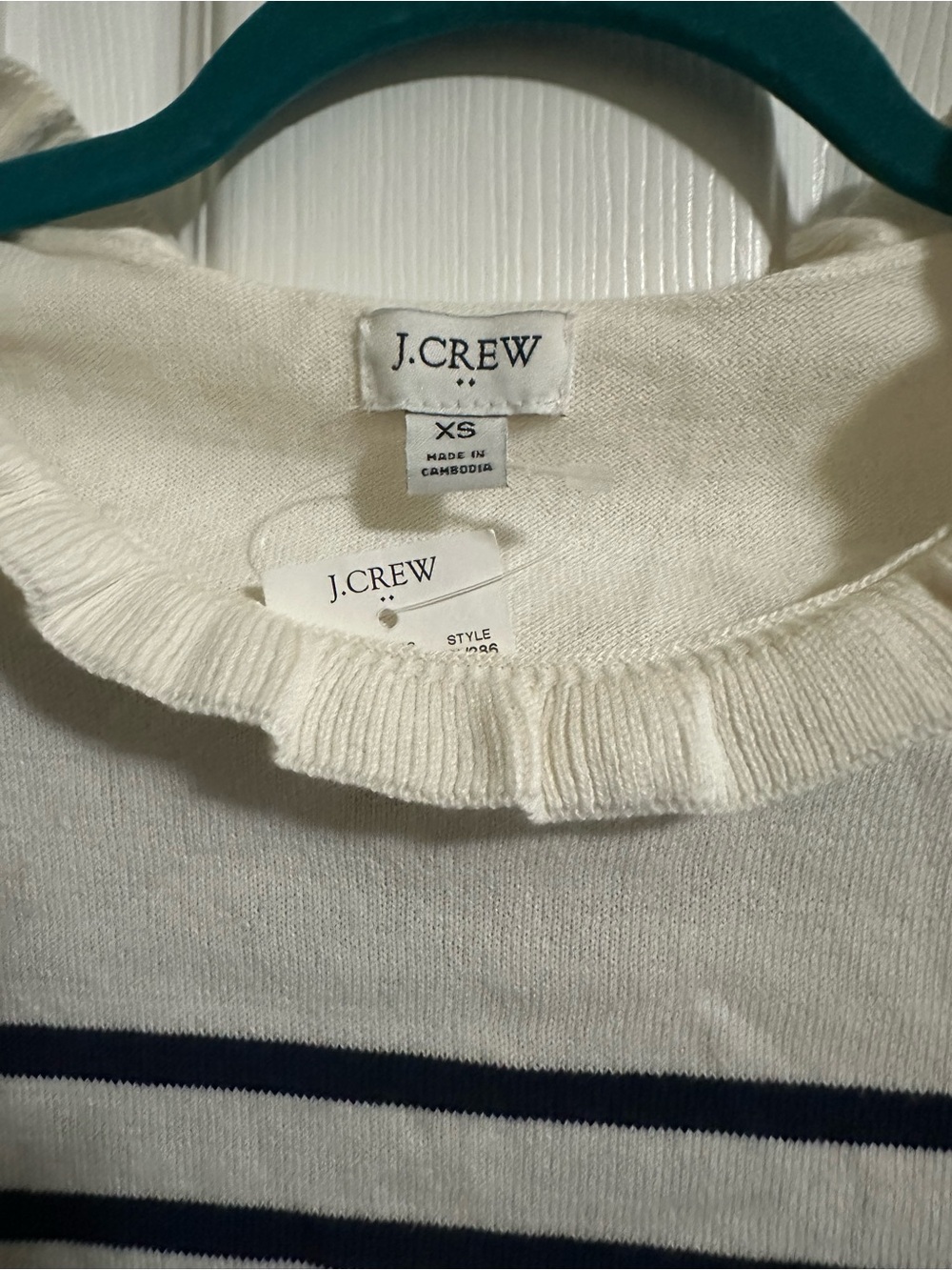 J. Crew Cream and Navy Striped Ruffleneck Sweater NWT XS - Picture 4 of 8